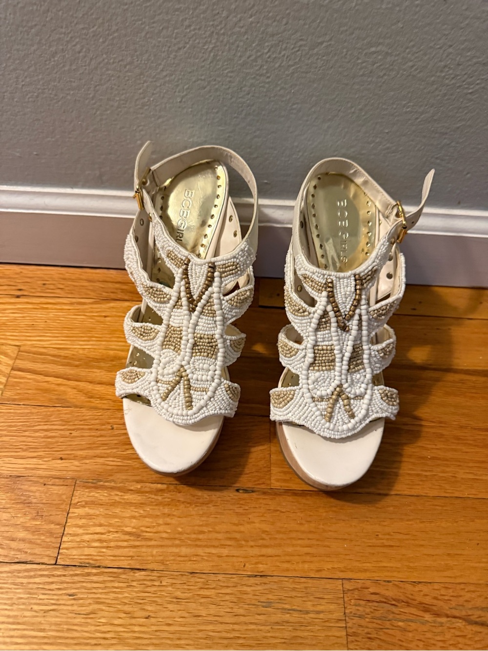 BCBGirls White Beaded Open-Toe Heels
